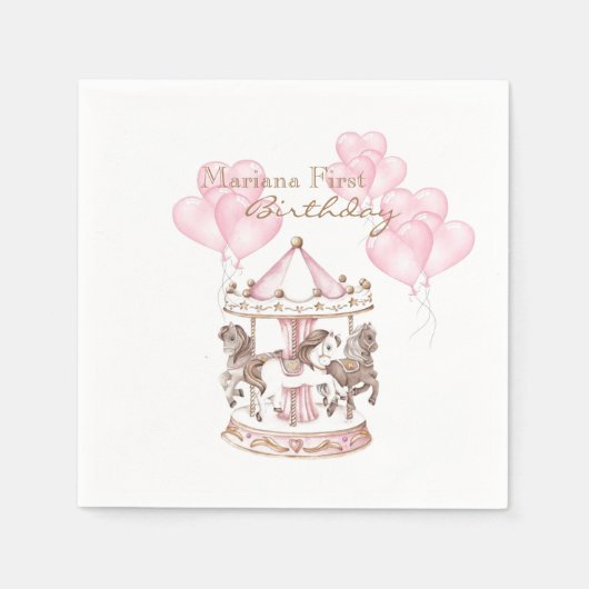 Girly Carousel Pink Einhorn Erster Geburtstag Serviette (Vorderseite)