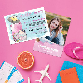 Girly Change the World Watercolor Foto Abschluss Einladung