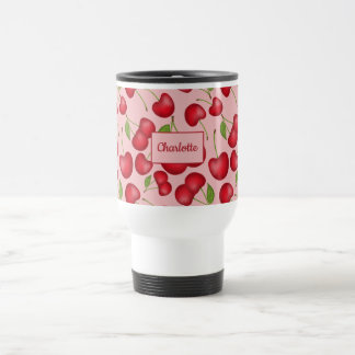 Girly Cherries Muster pink mit personalisiertem Na Reisebecher
