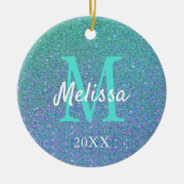 Girly Chic Aquamarin Blue Glitzer Sparkle Monogram Keramik Ornament