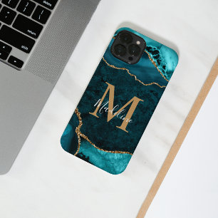 Girly Chic Aquamarin Gold Agate Geode Monogram iPhone 14 Hülle