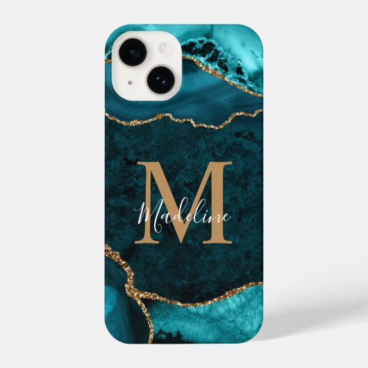 Girly Chic Aquamarin Gold Agate Geode Monogram iPhone Hülle (Rückseite)