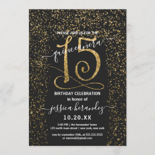 Girly Chic Black Gold Confetti Border Quinceañera Einladung