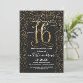 Girly Chic Black Gold Confetti Border Sweet 16 Einladung (Stehend Vorderseite)
