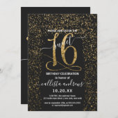 Girly Chic Black Gold Confetti Border Sweet 16 Einladung (Vorne/Hinten)