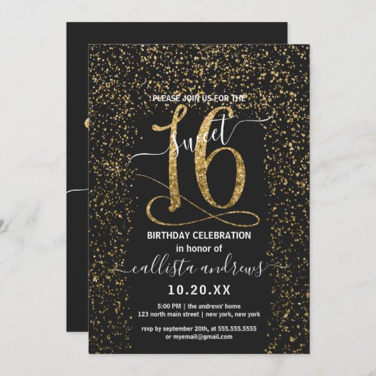 Girly Chic Black Gold Confetti Border Sweet 16 Einladung (Vorne/Hinten)