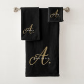 Girly Chic Black Gold Script Monogram Typografie Badhandtuch Set (Insitu)