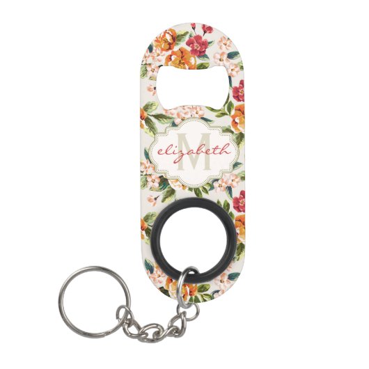 Girly Chic Floral Pattern mit Monogram Name Mini Flaschenöffner (Vorderseite)