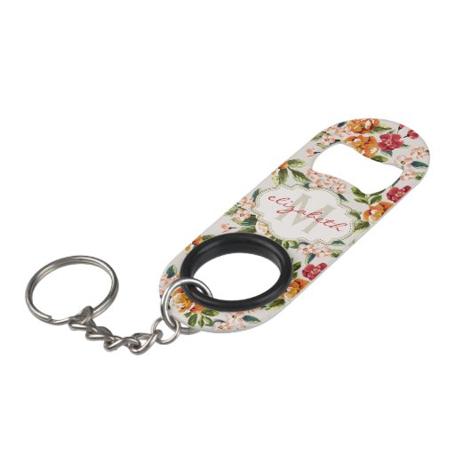Girly Chic Floral Pattern mit Monogram Name Mini Flaschenöffner (Vorderseite Schrägansicht)