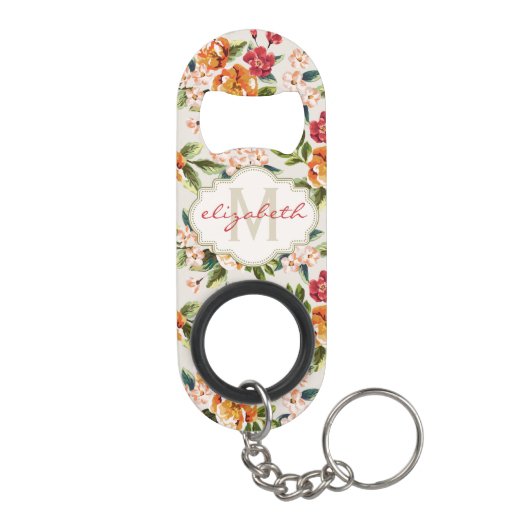 Girly Chic Floral Pattern mit Monogram Name Mini Flaschenöffner (Rückseite)