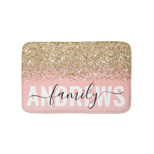 Girly Chic Gold Confetti Pink Gradient Monogram Badematte