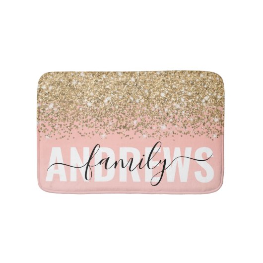 Girly Chic Gold Confetti Pink Gradient Monogram Badematte (Vorderseite)