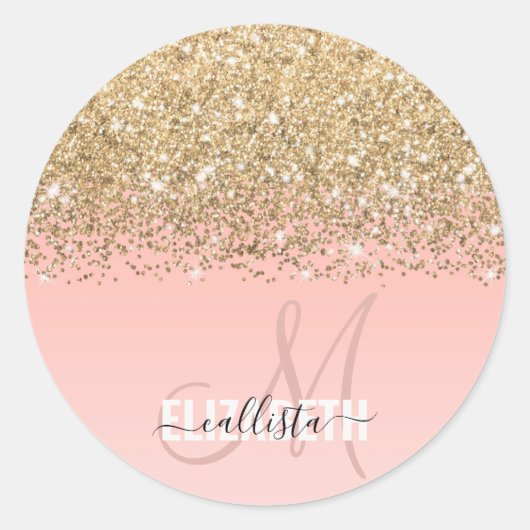 Girly Chic Gold Confetti Pink Gradient Monogram Runder Aufkleber (Vorderseite)