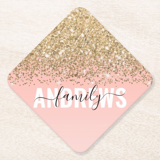 Girly Chic Gold Confetti Pink Gradient Monogram Untersetzer (Vorderseite)