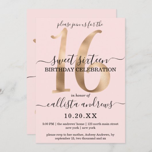 Girly Chic Imitats Gold Blush Pink Sweet 16 Einladung (Vorne/Hinten)
