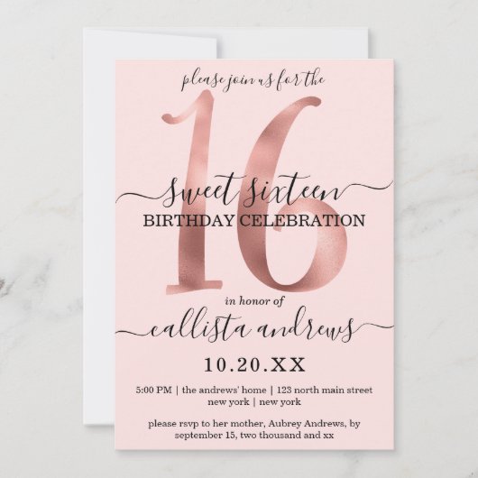 Girly Chic Imitats Rose Gold Blush Pink Sweet 16 Einladung (Vorderseite)