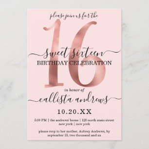 Girly Chic Imitats Rose Gold Blush Pink Sweet 16 Einladung