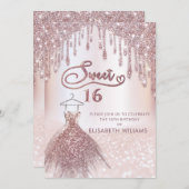 Girly chic Kleid Tropfen Rose gold glittery ombre Einladung (Vorne/Hinten)