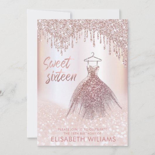 Girly chic Kleid Tropfen Rose gold glittery ombre Einladung (Vorderseite)