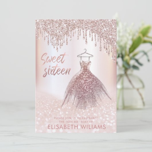 Girly chic Kleid Tropfen Rose gold glittery ombre  Einladung (Stehend Vorderseite)