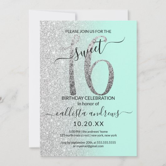 Girly Chic Mint Silver Glitzer Ombre Sweet 16 Einladung (Vorderseite)