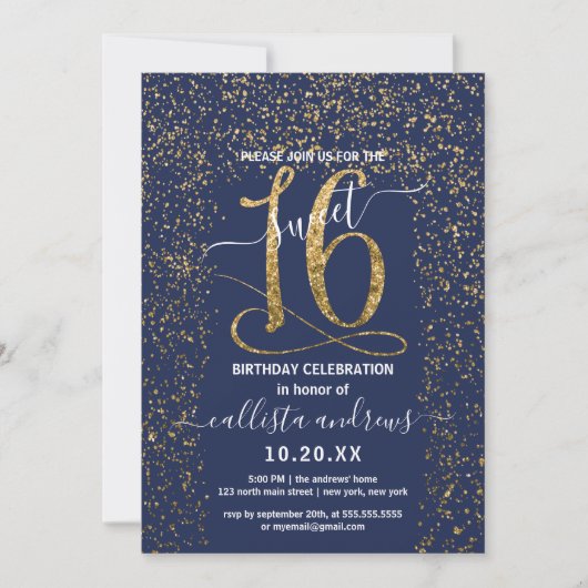 Girly Chic Navy Blue Gold Confetti Border Sweet 16 Einladung (Vorderseite)