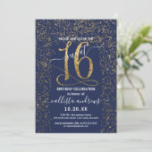 Girly Chic Navy Blue Gold Confetti Border Sweet 16 Einladung (Stehend Vorderseite)