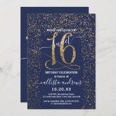 Girly Chic Navy Blue Gold Confetti Border Sweet 16 Einladung (Vorne/Hinten)