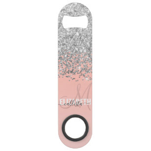 Girly Chic Silver Confetti Pink Gradient Monogram Speed Flaschenöffner