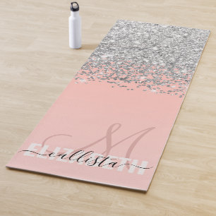 Girly Chic Silver Confetti Pink Gradient Monogram Yogamatte