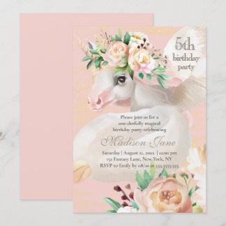 Girly Chic Watercolor Floral Unicorn 5. Geburtstag Einladung