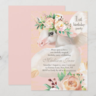 Girly Chic Watercolor Floral Unicoron 1. Geburtsta Einladung