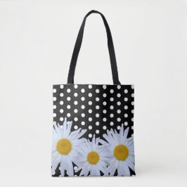 Girly Chic White Polka Dots Black Daisy Tasche