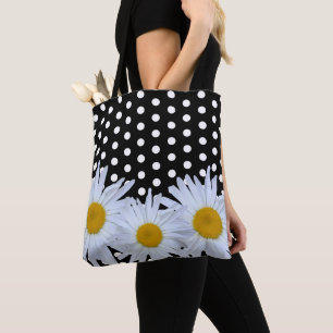Girly Chic White Polka Dots Black Daisy Tasche