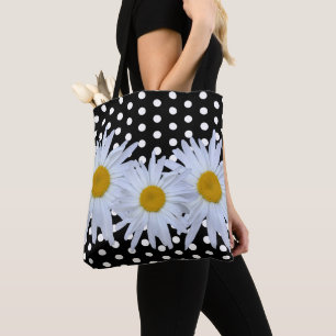 Girly Chic White Polka Dots Black Daisy Tote Bag Tasche