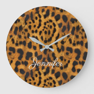 Girly Chic Wild Jaguar-Fell-Druck Name angepasst Große Wanduhr