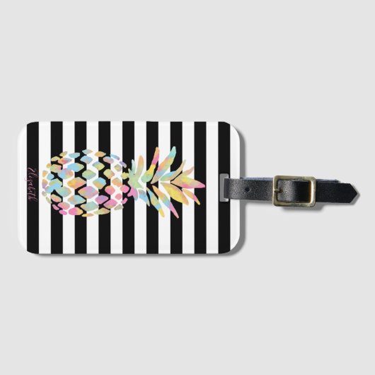 Girly Colorful Ananas, Schwarz-weiße Streifen Gepäckanhänger (Vorderseite (Horizontal))