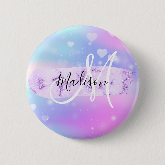 Girly Colorful Unicorn Rainbow Hearts Monogram Button (Vorderseite)