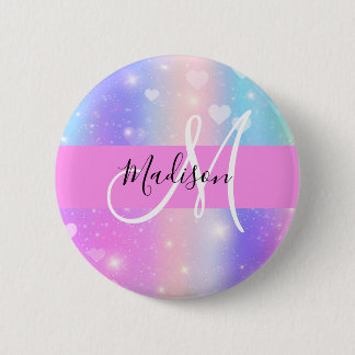Girly Colorful Unicorn Rainbow Hearts Monogram Button