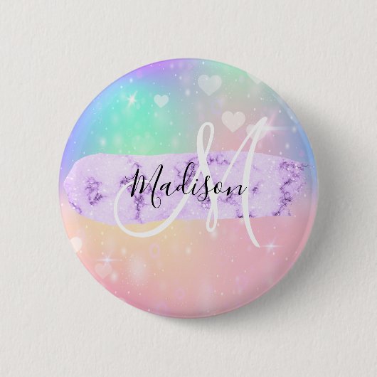 Girly Colorful Unicorn Rainbow Hearts Monogram Button (Vorderseite)