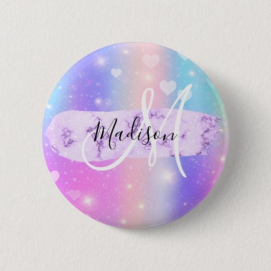 Girly Colorful Unicorn Rainbow Hearts Monogram Button (Vorderseite)