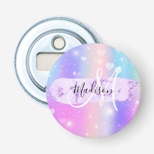 Girly Colorful Unicorn Rainbow Hearts Monogram Flaschenöffner