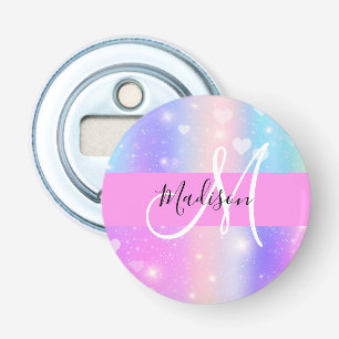 Girly Colorful Unicorn Rainbow Hearts Monogram Flaschenöffner
