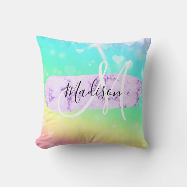 Girly Colorful Unicorn Rainbow Hearts Monogram Kissen (Vorderseite)