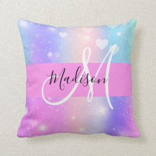 Girly Colorful Unicorn Rainbow Hearts Monogram Kissen