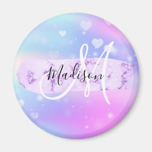 Girly Colorful Unicorn Rainbow Hearts Monogram Magnet