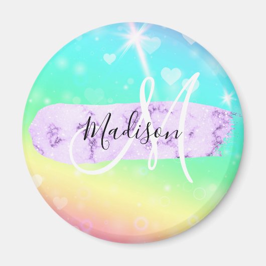 Girly Colorful Unicorn Rainbow Hearts Monogram Magnet (Vorne)