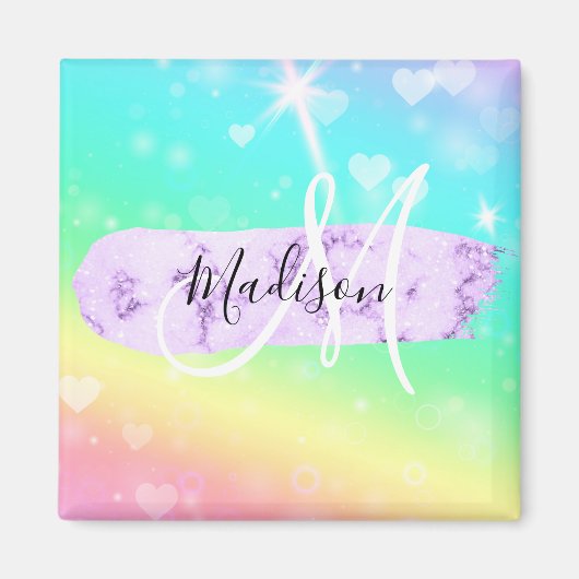 Girly Colorful Unicorn Rainbow Hearts Monogram Magnet (Vorne)