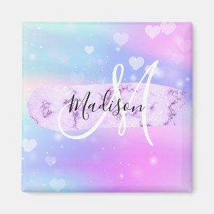 Girly Colorful Unicorn Rainbow Hearts Monogram Magnet