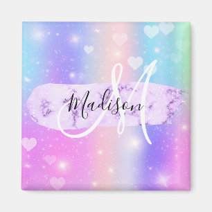 Girly Colorful Unicorn Rainbow Hearts Monogram Magnet